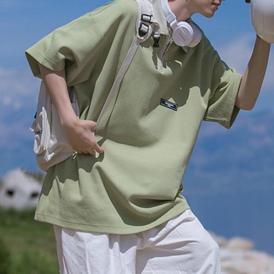 Spring Men Cargo Shirt Turn-down Collar Half Zipper Loose Japanese Style Mid Length Solid Color Half Sleeves Pullover Streetwear Outdoor Top