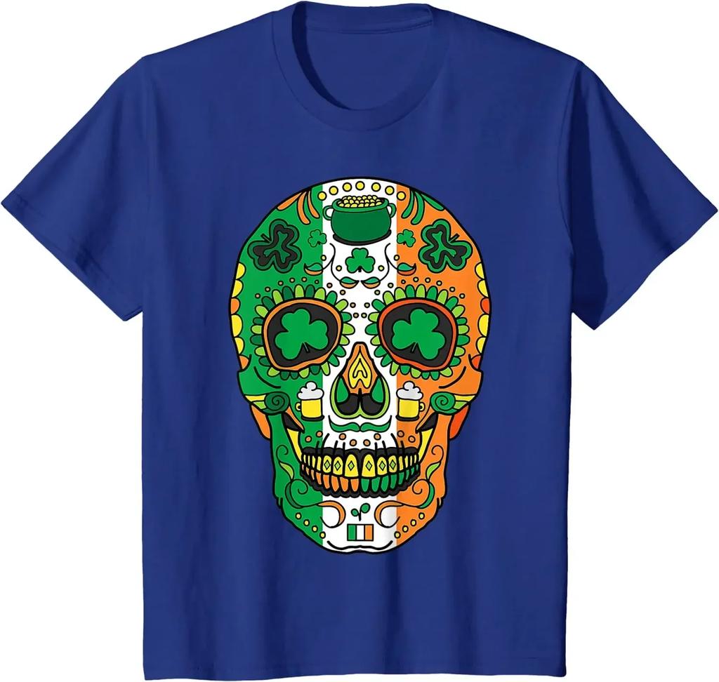 Футболка Irish Sugar Skull ко Дню Святого Патрика, новые поступления 2023 года, мужская футболка, свободная футболка, хлопковая повседневная футболка на все времена года