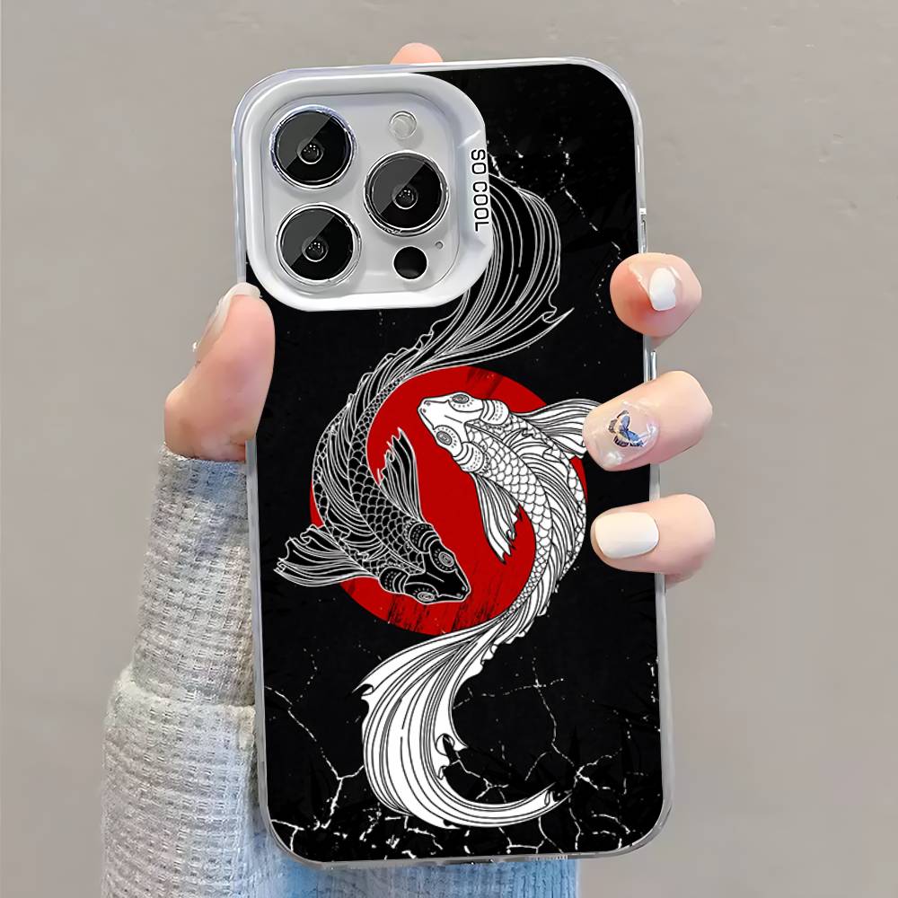 Koi Carp Fish Yin Yang Art Phone Case For iPhone 16,15,14,13,12,11,Pro,XS,Max,Plus,Mini,SE White Candy Matte Shockproof Cover