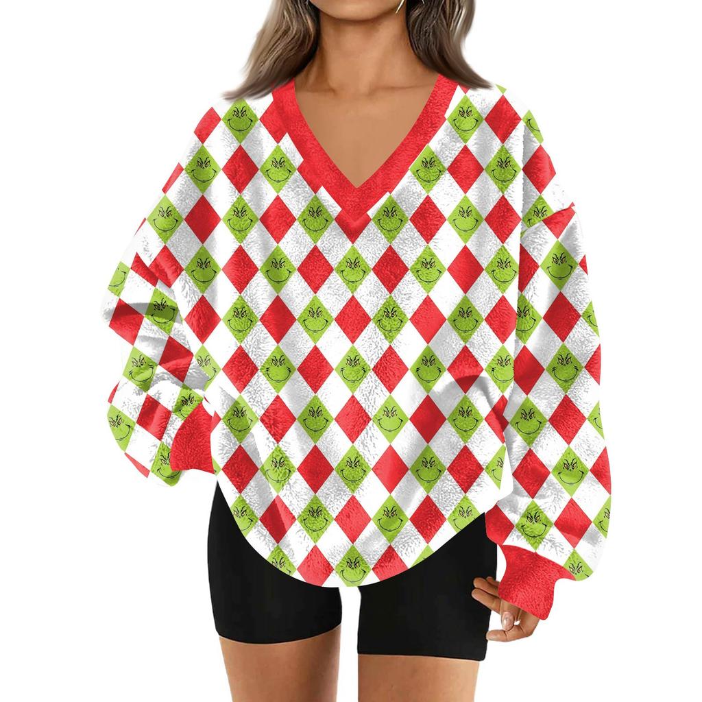 Women's Fashionable V-neck Christmas Printed Long Sleeved Casual Pullover Plush Warm Pocket Sweatshirt Top