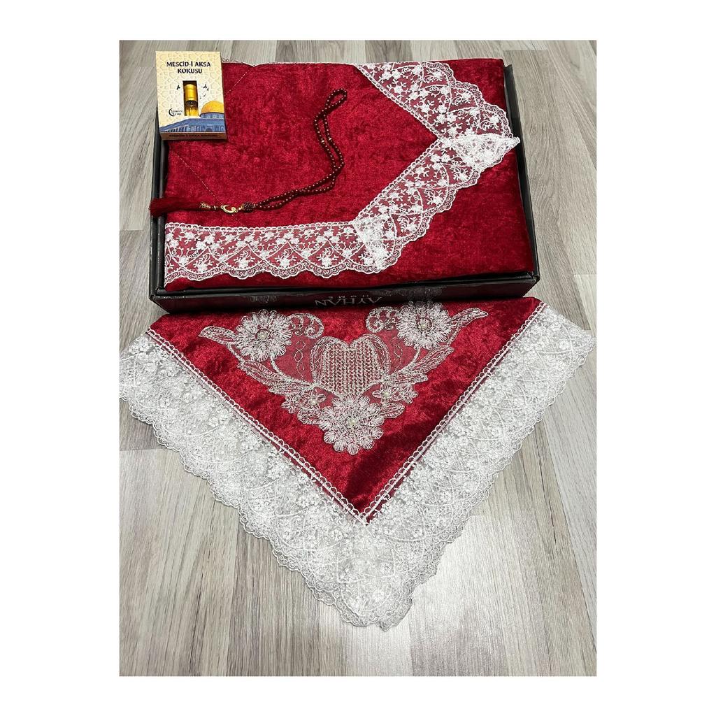 5 Piece Prayer Mat Set, Dowry Bundle Boxed, Velvet Laced Bride And Groom Set