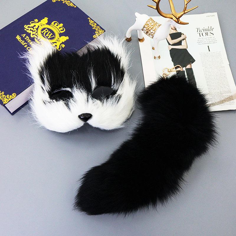 Long Fur Fox Mask Tail Set Masquerade Mask Fox Cat Mask Halloween Mask