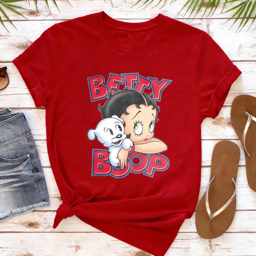 Betty Boop with Pudgy Dog Shirt Vintage Women Summer Cotton Short Sleeve Retro Cartoon Girl Graphic Printed Casual Daily Outfit