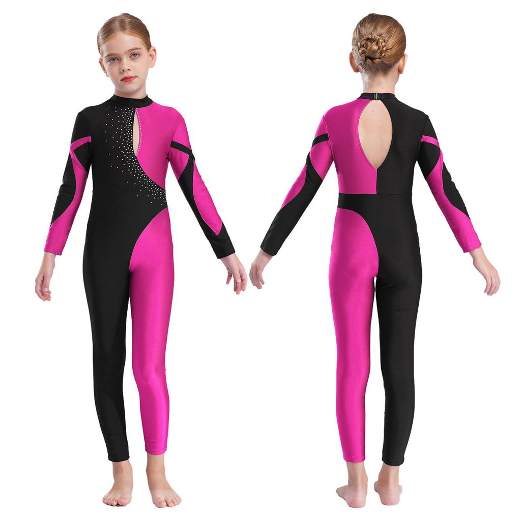 Rhythmic Gymnastics Jumpsuits Kids Shiny Rhinestone Ice Skating Bodysuit Girls Long Sleeve Ballet Dance Full Body Leotards Unitards Stage Wear