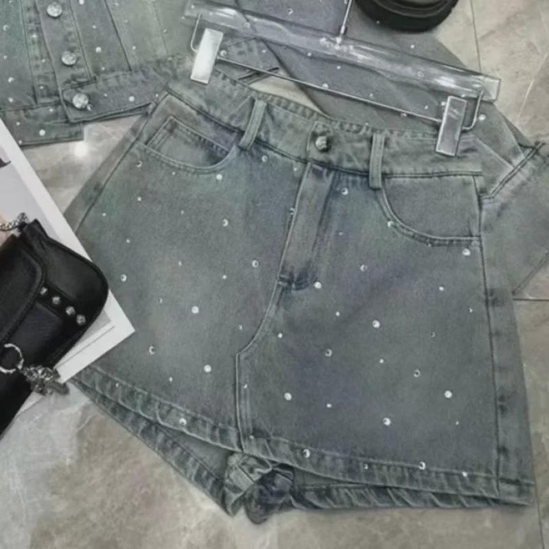 Women's Heavy-Duty Hot Diamond Denim Suit - Korean Style, Spring/Autumn 2024: Short Jacket + Skirt Pants Two-Piece Set
