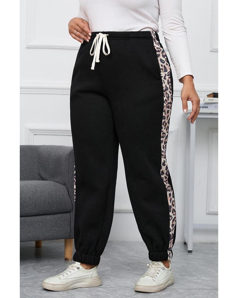 Azura Exchange Black Plus Size Contrast Leopard Side Panel Joggers