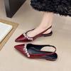 French Pointed Toe Shallow Low Heel Sandals Women Summer Outdoor Casual Leather Shoes Ladie Fashion Rhinestone Comfortable Flats