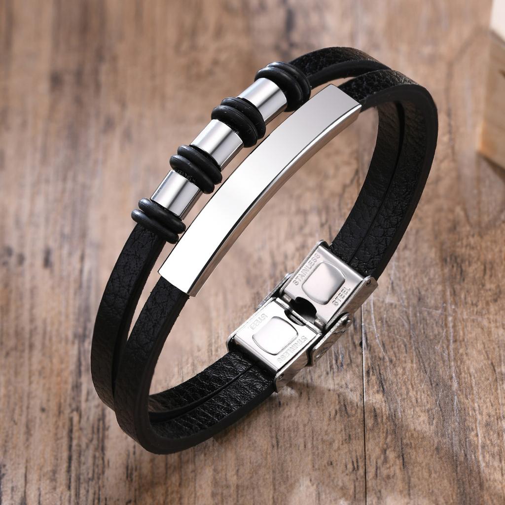 Мужской кожаный браслет Vnox по индивидуальному заказу, черный кожаный браслет с бусинами, браслеты с персонализированным логотипом для женщин, подарок для
