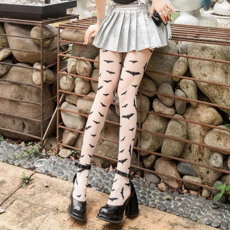 New Women Bat Pattern Nylon Pantyhose High Waist Elasticity Tights Lolita Gothic Style Halloween Wear Stockings
