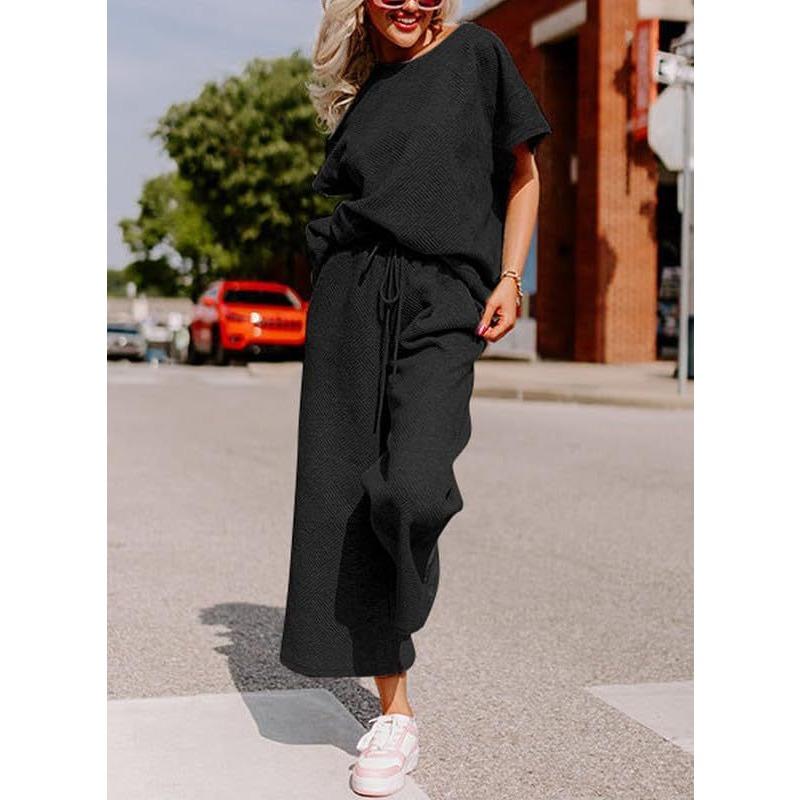 YYFS Женские модные повседневные летние весенние однотонные принты с коротким рукавом и круглым вырезом брюки костюмы