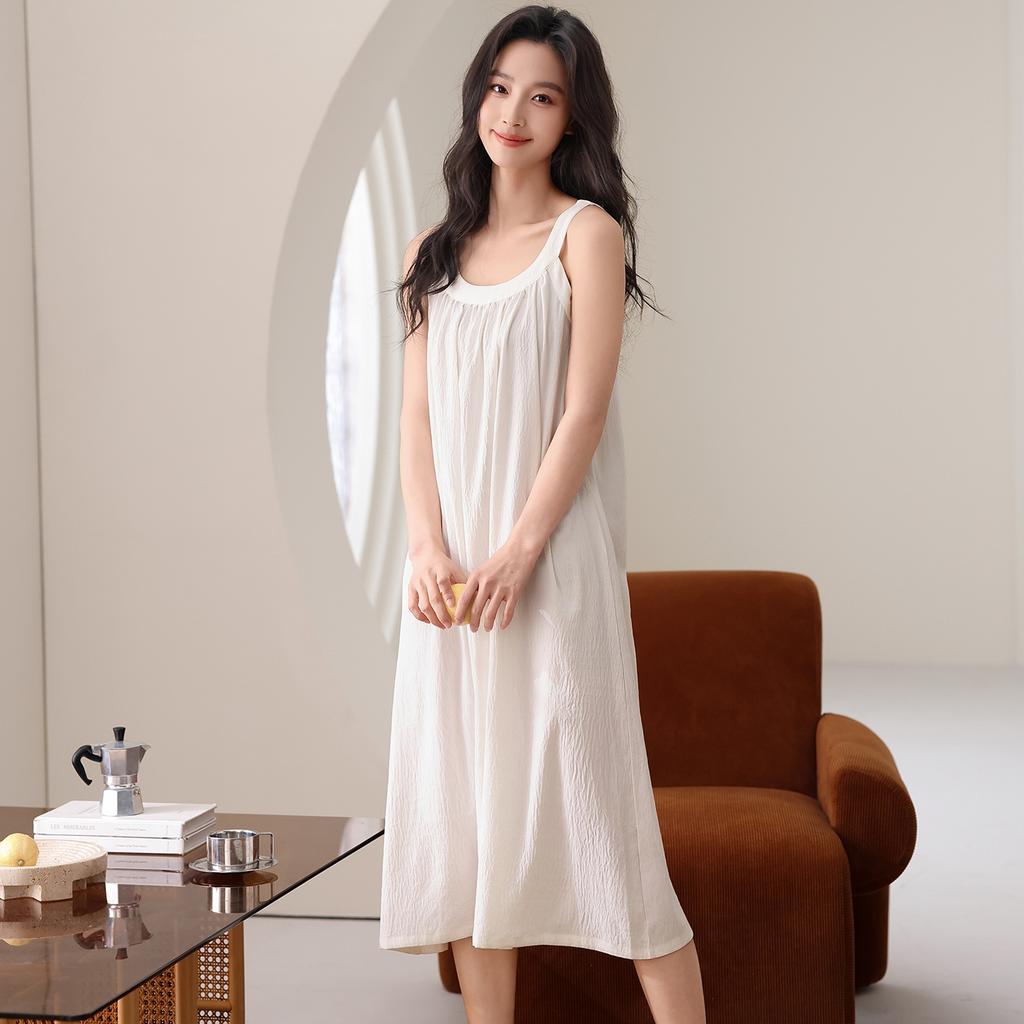 Suspender nightdress women's cloud cotton cool solid color sleeveless neck pajamas with chest pads summer loungewear can be worn outside