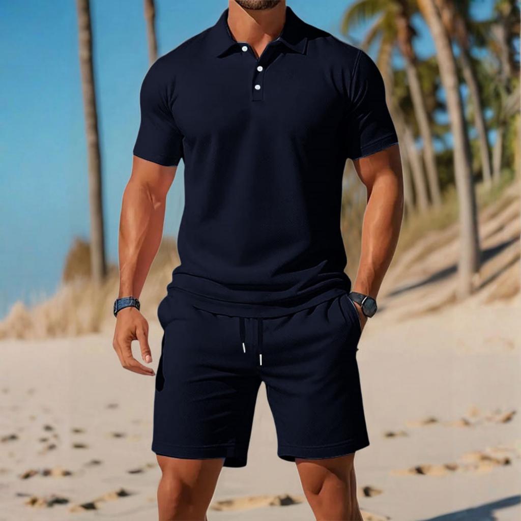 Men's Casual Set  Loose And Breathable Short-sleeved Shirt And Vacation Shorts Solid Color Quick-drying Men's Two-piece Set