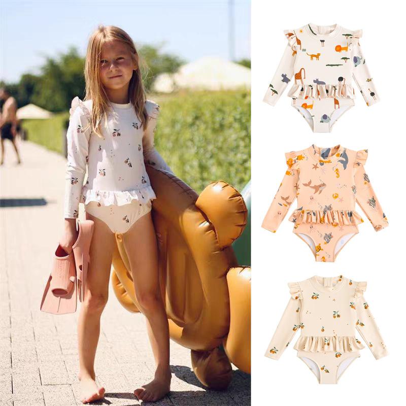 New Summer Children's Swimwear Girls' Bikini Cartoon Print Baby Boys' Swimsuit Long Sleeve Sunscreen Beach Swimming Clothing