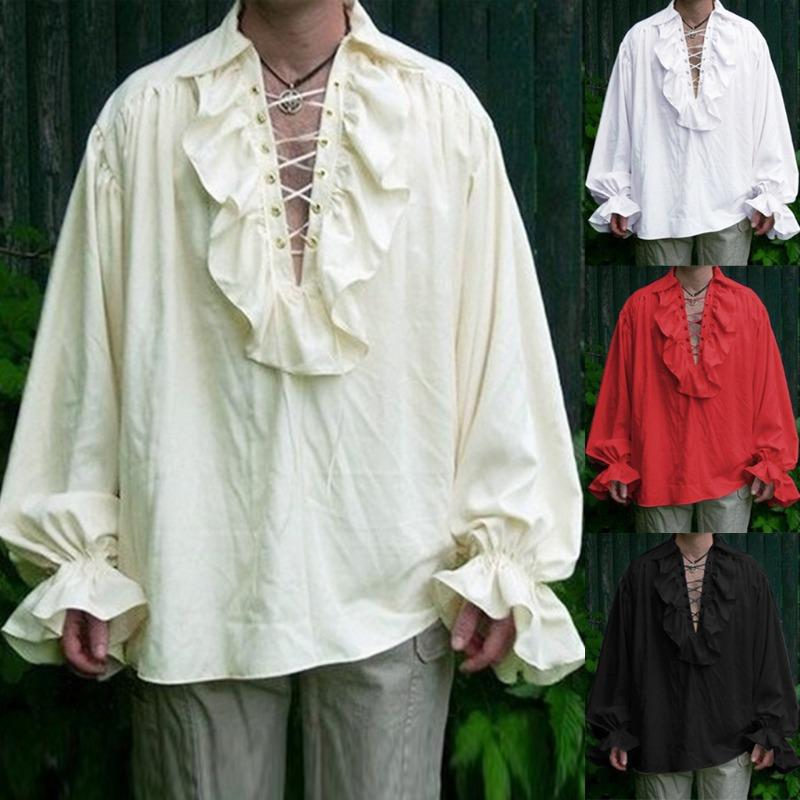 Vintage Men S Solid Long Sleeve Shirt With Pleated Puff Sleeves