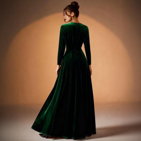 Женское бархатное платье макси, повседневное, с круглым вырезом, длинными рукавами, А-силуэта, платье-свинг, осеннее, для коктейльной вечеринки, формальное платье для гостьи на свадьбе