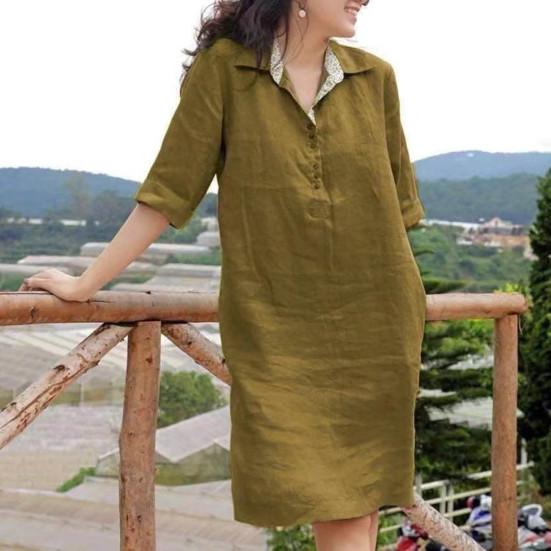 Женское платье, свободное, с рукавами три четверти, однотонное, с лацканами, до колена, мягкое, трапециевидное, повседневное, весна-лето, платье миди