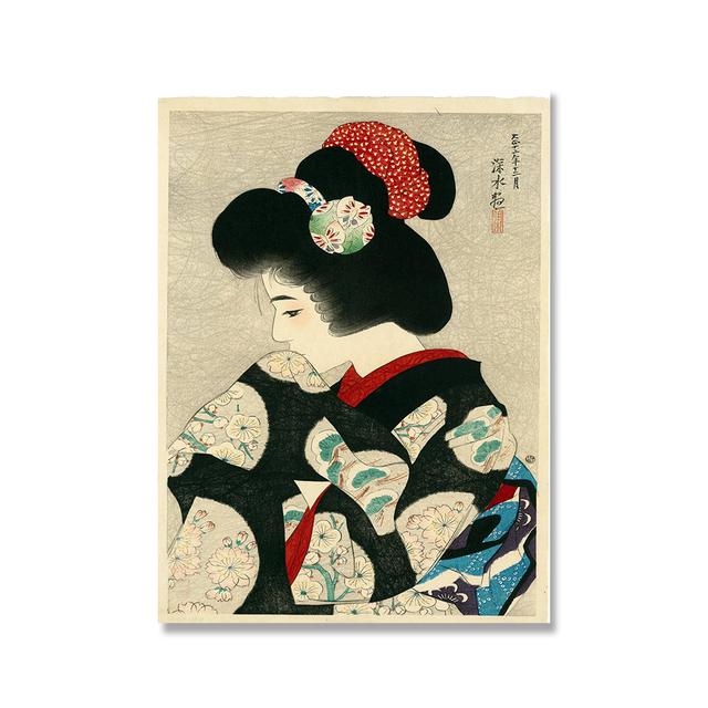 Solid Wood Frame Japanese Ito Shinsui Geisha Painting On Canvas Wall Art Poster And Prints Lip Stick Kitagawa Vintage Wall Decor For Living Room