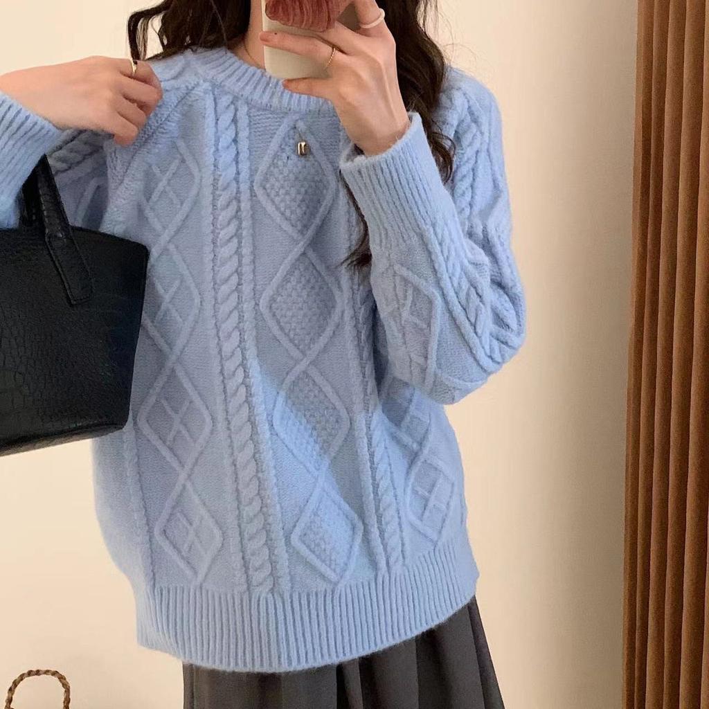 Vintage Twist Thickened Pullover Sweater Women's Autumn and Winter Solid Color Round Neck All-match Loose Knitted Sweater for Outer Wear