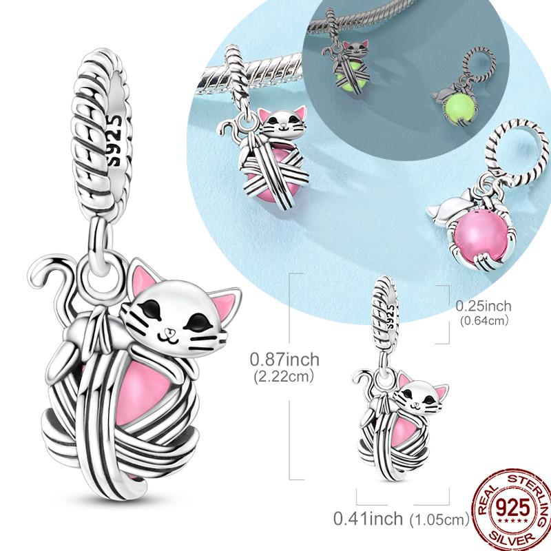 Original Real 925 Sterling Silver Charm Bead Luminous Ball of yarn Cat Pendant Fit Original Bracelet For Women DIY Jewelry Gift