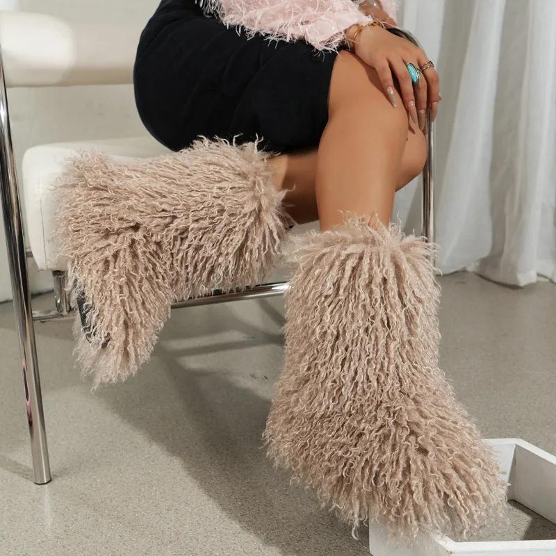 2025 New Winter Furry Shoes Women Teddy Fur Snow Boots Fluffy Faux Wool Plush Warm Fashion Short Boots Ladies Mongolian Boots