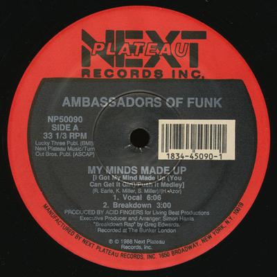 12-дюймовая пластинка AMBASSADORS OF FUNK - My Minds Made Up NP50090 Next Plateau Re 1988 США Танцевальная и электронная музыка Б/у