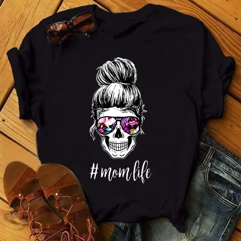 Череп Голова Momlife Принт Женская футболка Короткий рукав O-образный вырез Свободная женская футболка Женская футболка Топы Camisetas Mujer