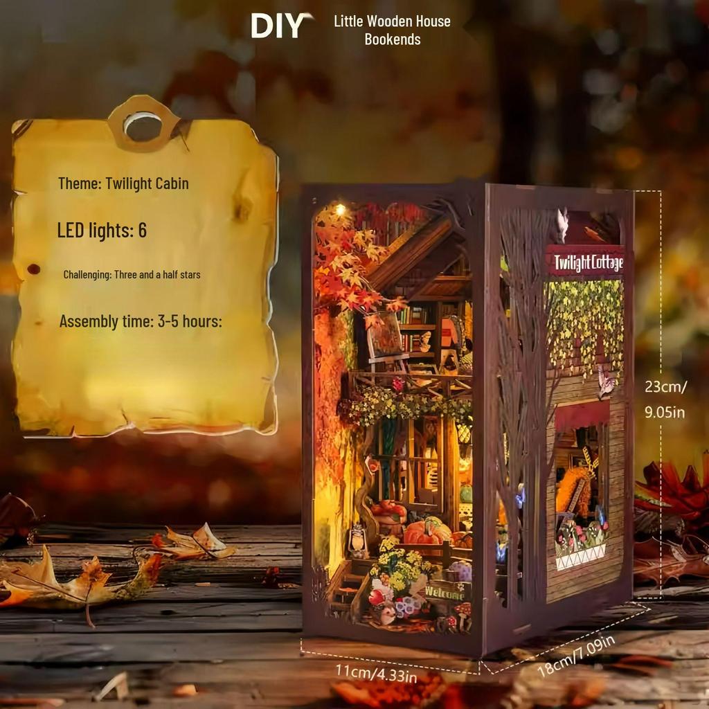 Twilight Cabin Bookends: DIY Wooden 3D Puzzle House Model, Handmade Building Blocks, Assembled Toy Gift.