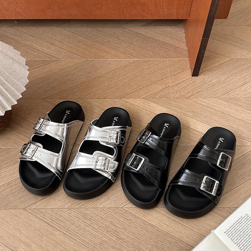 Крутые шлепанцы на толстой подошве для женской уличной обуви лето 2025 новая ретро-платформа Boken обувь на мягкой подошве нескользящие универсальные пляжные туфли