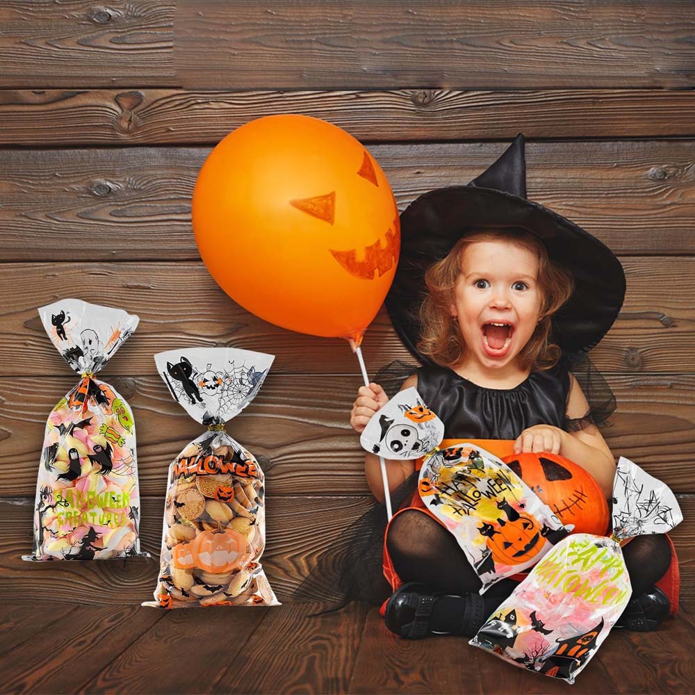 100 шт. целлофановых пакетов на Хэллоуин, прозрачный целлофановый пакет, подарочные пакеты для сладких конфет с завязками для вечеринки на Хэллоуин