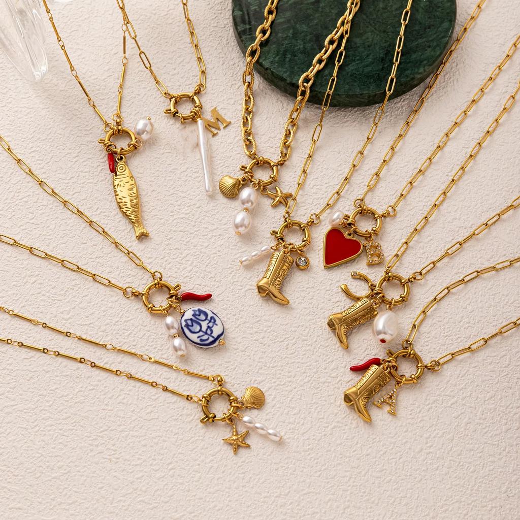 Retro Fish Boots Flower Loop Necklace with Multiple Pendants DIY Boots Love Pearl Plated 18K Gold Color Preserving
