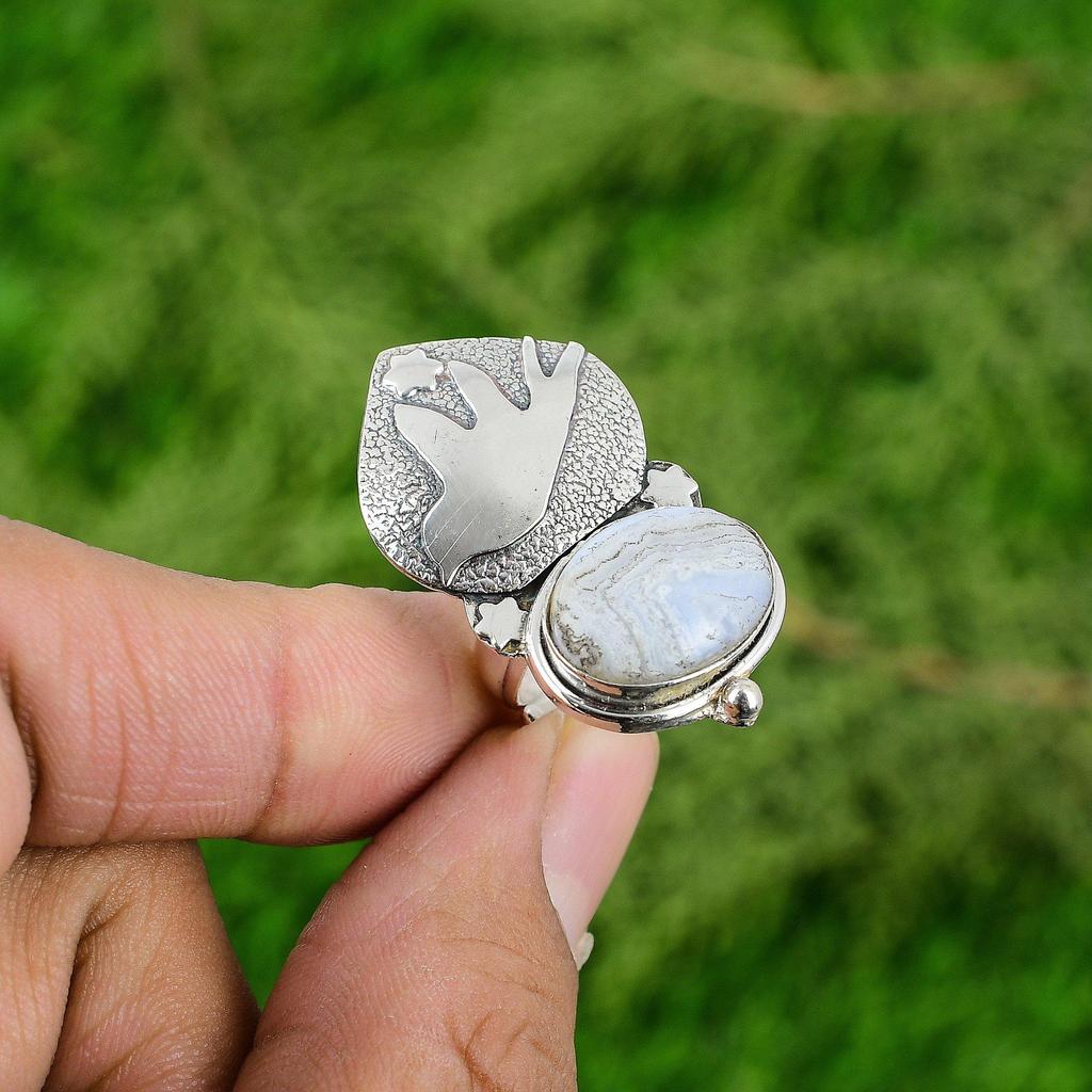 Blue Lace Agate Stone 925 Sterling Silver Wedding Bird Statement Ring Jewelry