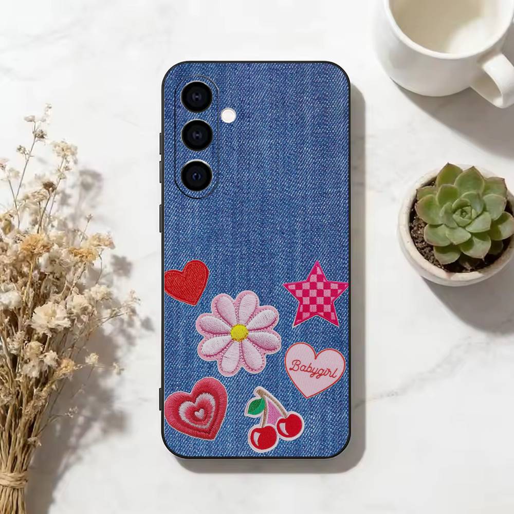 Джинсовый Чехол-Бампер с Вышивкой Coquette Y2K для Samsung Galaxy A73, A72, A71, A70, A53, A52, A51, Других Мягкий Черный