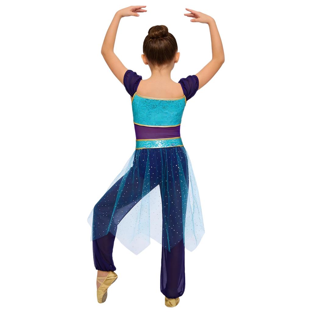 Костюм для восточных танцев для девочек Арабская принцесса Комбинезон-ромпер Сверкающая талия Тюлевая накидка Комбинезон Контрастный цвет Декор из страз