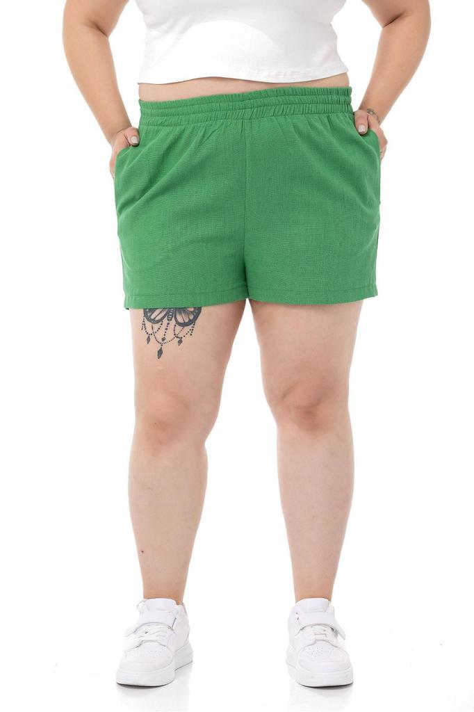 Women's Fashion Big Size Shorts & Bermudas Plus Size Green Shorts with Elastic Waist and Side Pockets