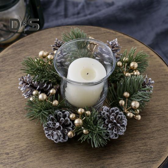 Christmas Candle Ring Artificial Pine Needle Pinecone Berries Garland Rustic Festive Candle Wreath for Home Table Centerpiece Decor