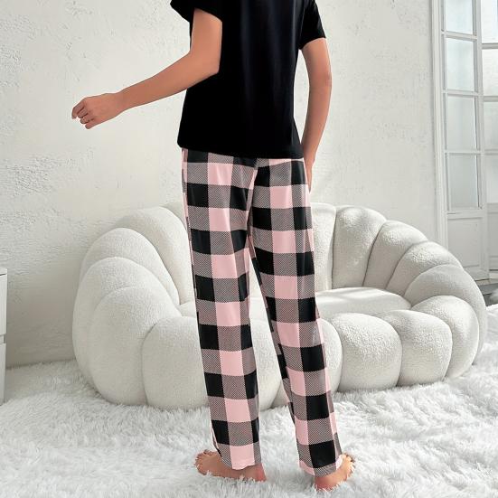 Женский комплект из 2 предметов: топ и брюки, летняя пижама, клетчатые брюки, круглый вырез, короткий рукав, футболка, домашняя одежда, повседневная одежда
