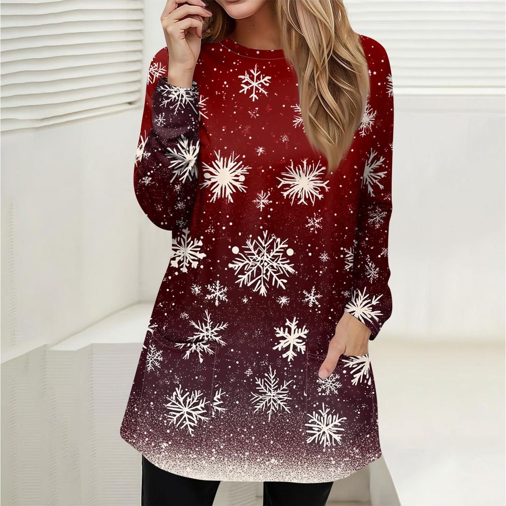 Женская толстовка, пуловер, спортивная одежда, карман, рождественский принт, повседневный топ с круглым вырезом и длинными рукавами