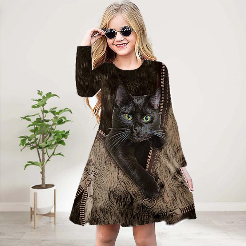 Girl Casual 3D Print Texture Cat Round Neck Long Sleeve Dress Kid Princess Dress
