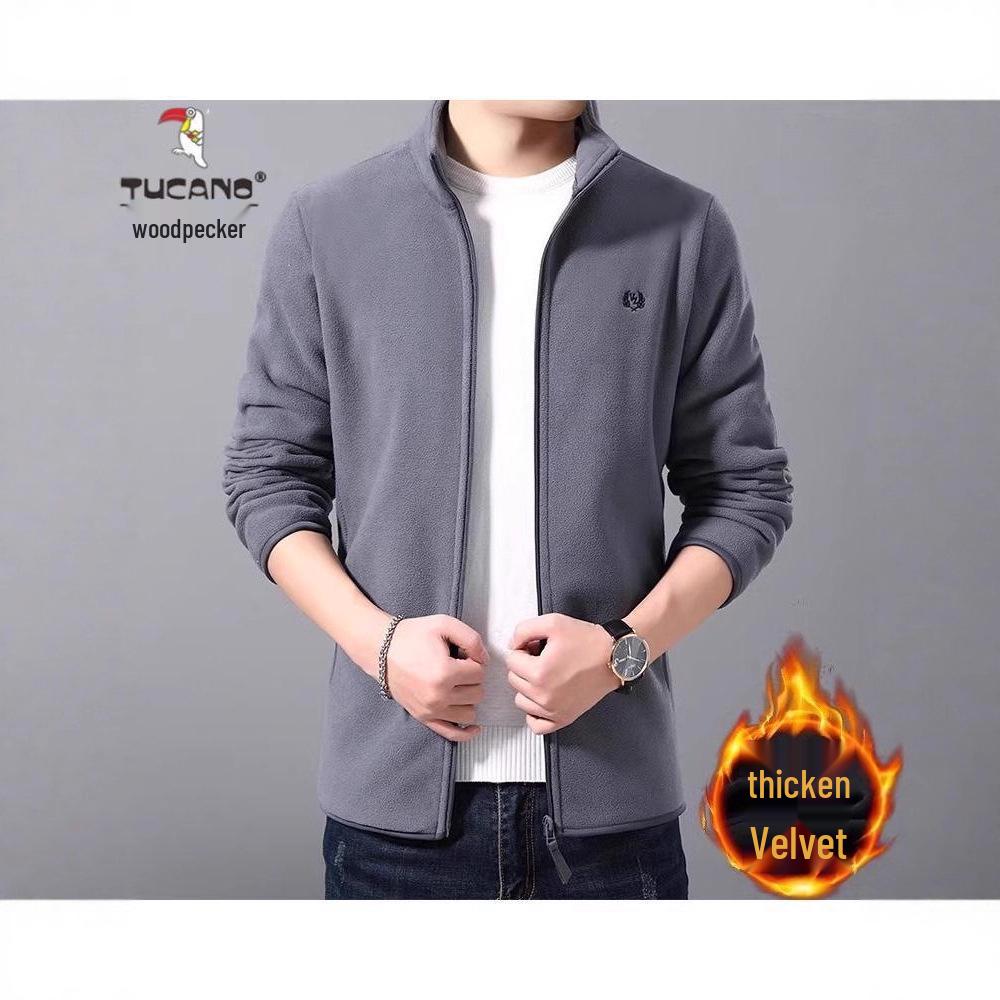 Woodpecker Men's Fleece-Lined Cardigan: Autumn/Winter Casual Stand-Up Collar Jacket