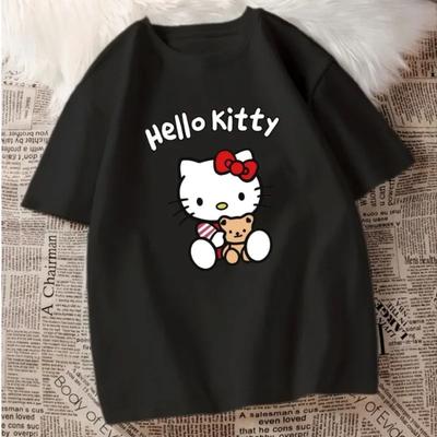 Мультяшная Мода Милый Принт Hello Kitty Женская Женская Девичья Футболка Мультяшная Харадзюку Круглый Вырез Короткий Рукав Унисекс Летние Топы