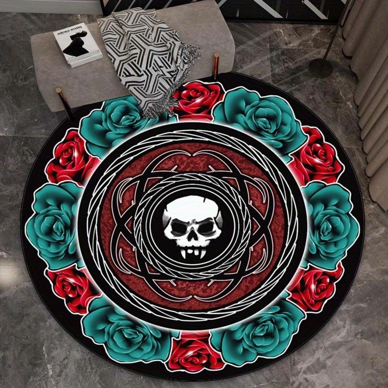 Round Crystal Velvet Rug Skull Rose Gothic Pattern Black Red Green Floor Mat Home Decor Living Room Bedroom Carpet Dark Art