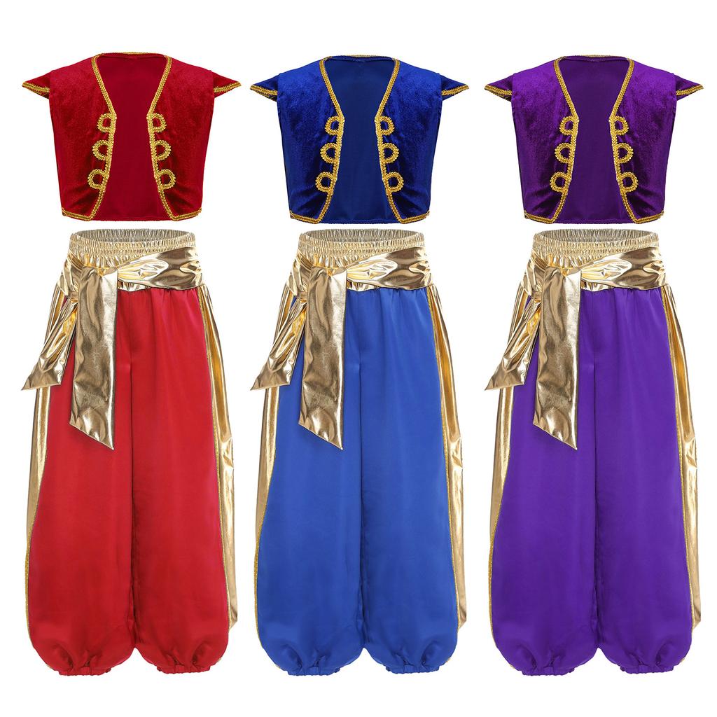 Boys Arabian Prince Costume Set Cap Sleeve Braided Vest Metallic Shiny Patchwork Contrast Color Bloom Pants