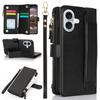 XL-001 For iPhone 16 Case Zipper Pocket Wristband Stand Leather Phone Cover