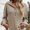 Женские топы с пуговицами на лацканах, с полузастежкой, длинным рукавом, накладным карманом, пуловеры, однотонные свободные трикотажные топы