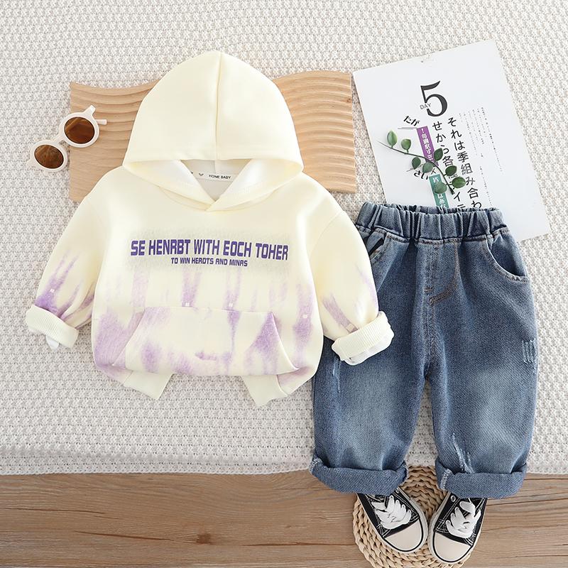 0-5 лет Комплект из двух предметов с длинными рукавами для мальчиков Детская толстовка с капюшоном и надписью Повседневные джинсы Комплект детской модной одежды