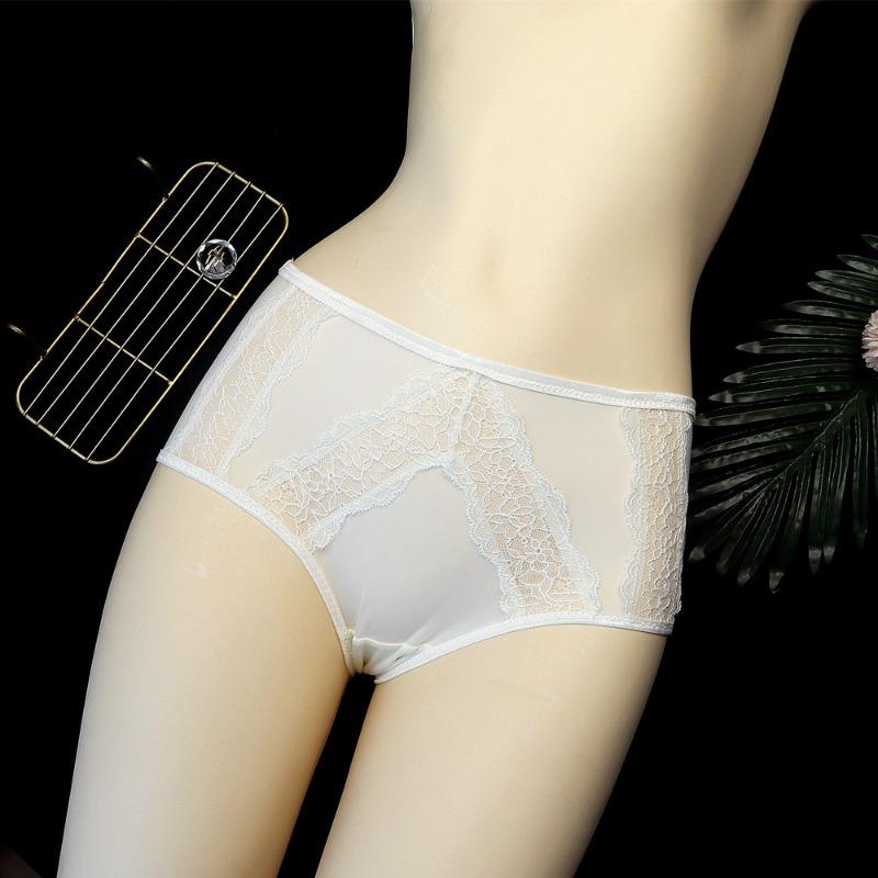 Mid Waist Minimalist Lingerie Women's Sexy Hollow Lace Underwear Ice Silk Breathable Triangle Panties