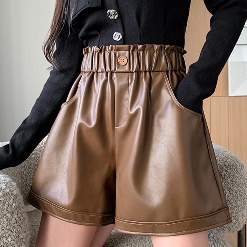 Кожаные брюки, шорты, женские модные свободные брюки трапециевидной формы с высокой талией и широкими штанинами