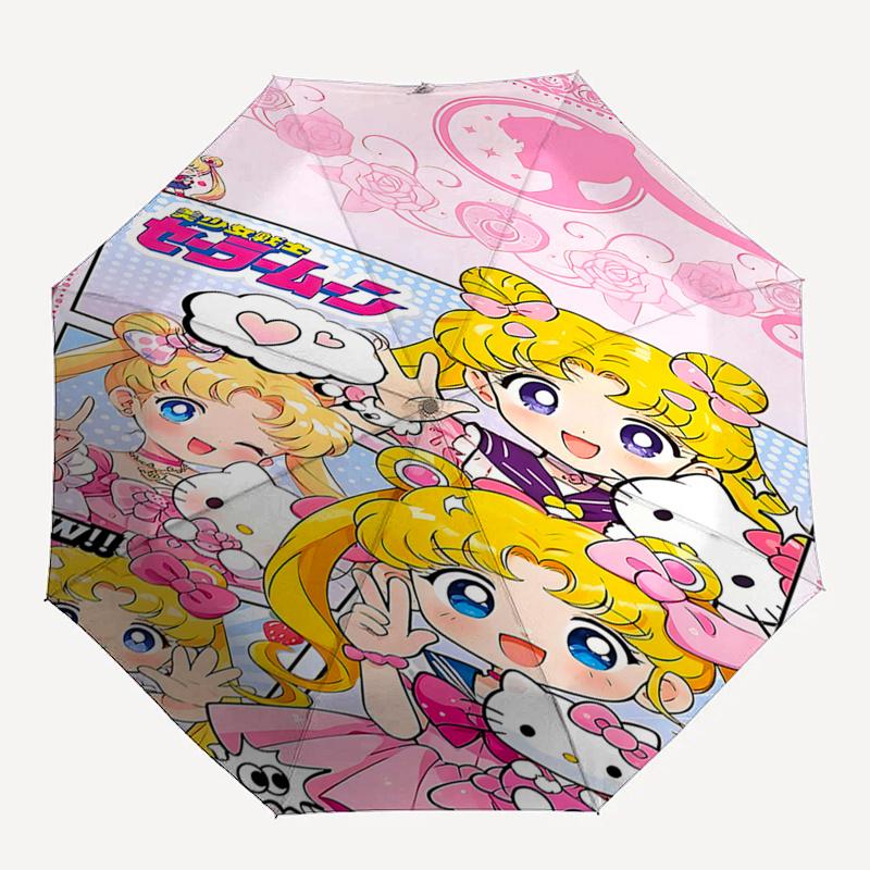 Sailor Moon x Hello Kitty Automatic Folding Umbrella - Portable 3-Fold Design with 8-Bone Iron Frame, Perfect for Fans, Travelers, and Daily