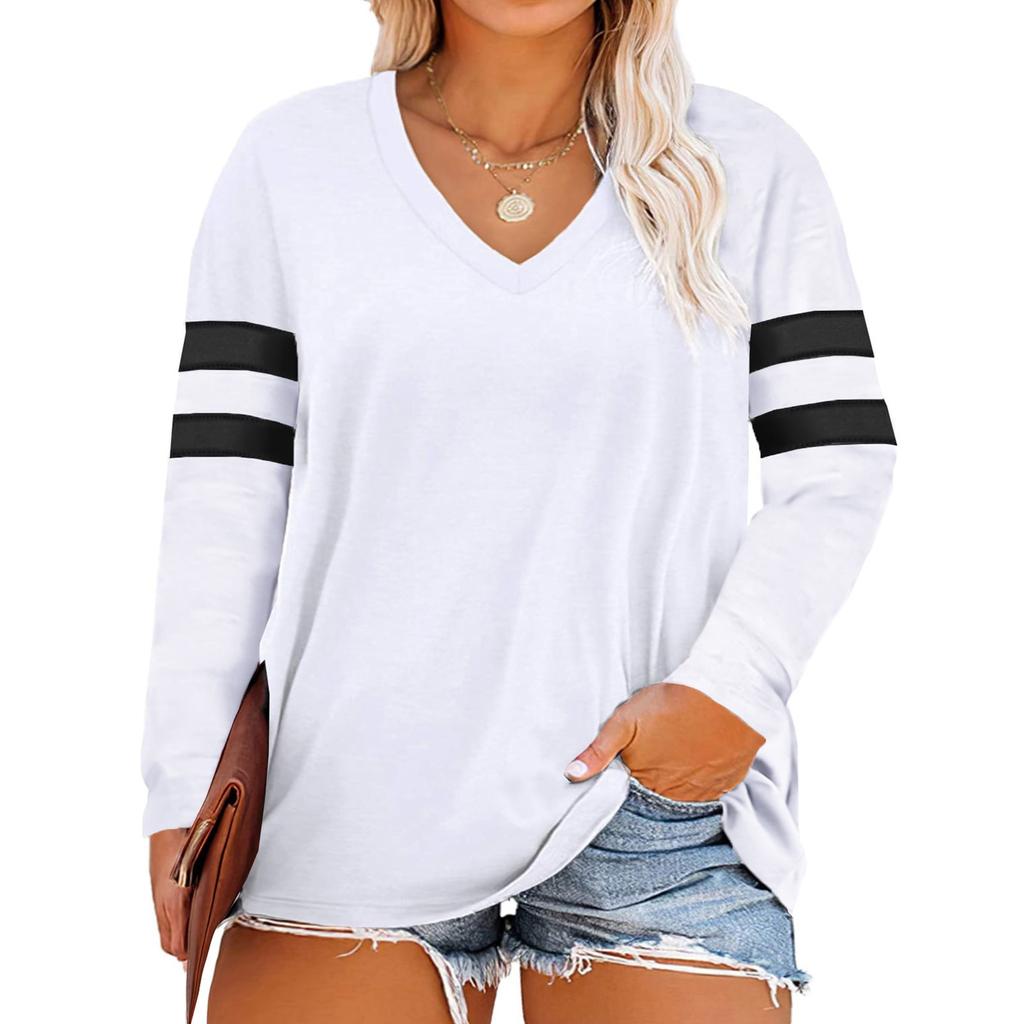 Women's Casual V Neck Pullover Long Sleeve Striped Colorblock Oversized Shirts