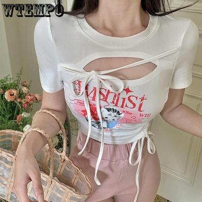 Женская футболка большого размера с короткими рукавами и принтом, полая с завязками, тонкие открытые топы с короткими абзацами и пупком